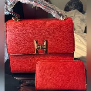 NWT Red Designer Vegan Leather Women's Handle/Crossbody Bag and matching wallet